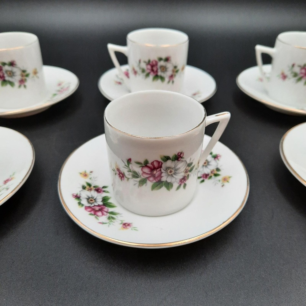 Vintage Floral Espresso Cup and Saucer Set White‎ China Gold Trim Made China